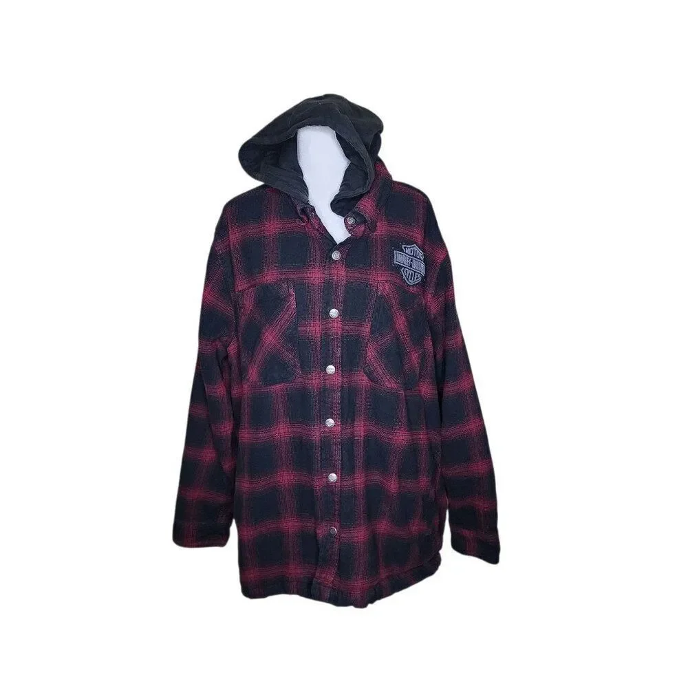 Harley Davidson Motorcycles Button Up Flannel Hoodie Jacket Size XL Plaid